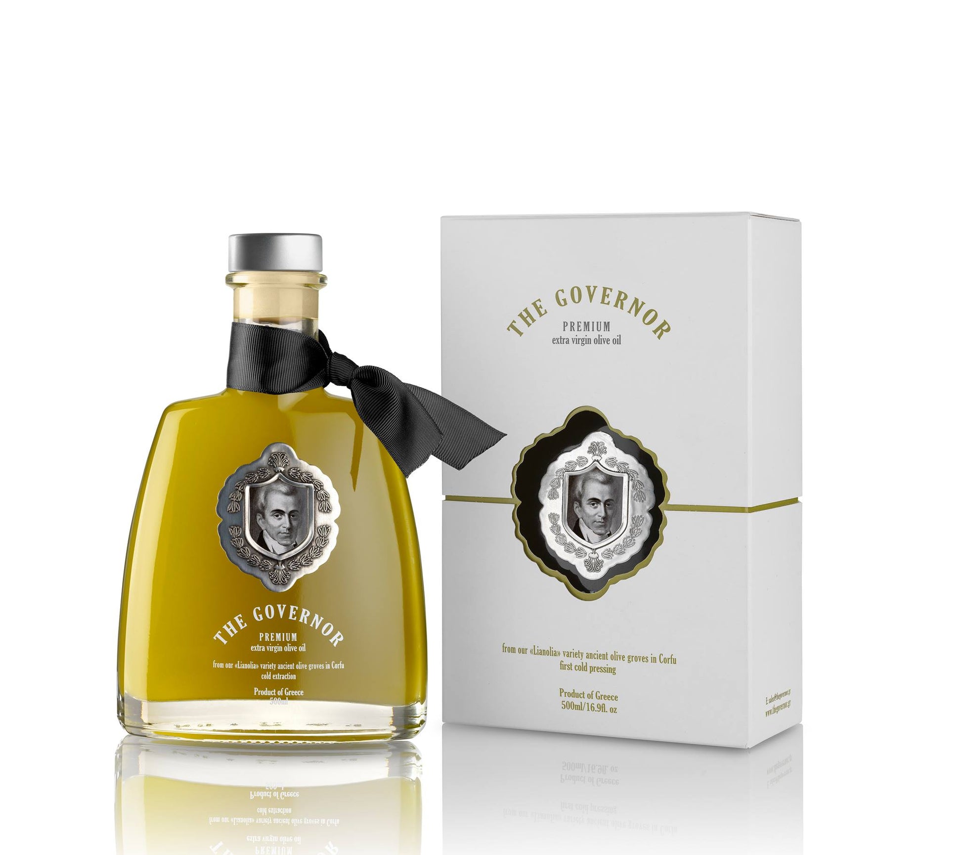 Ypač tyro alyvuogių aliejaus The Governor Premium butelys ir dėžutė