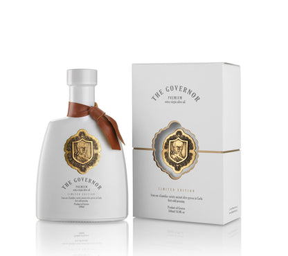Ypač tyro alyvuogių aliejaus The Govenor Limited Edition butelys ir dėžutė