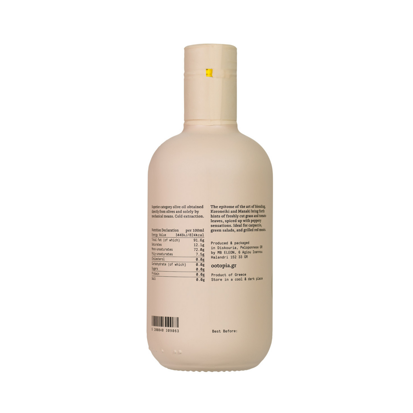 Ypač tyro alyvuogių aliejaus Ootopia Blend butelio nugarėlė